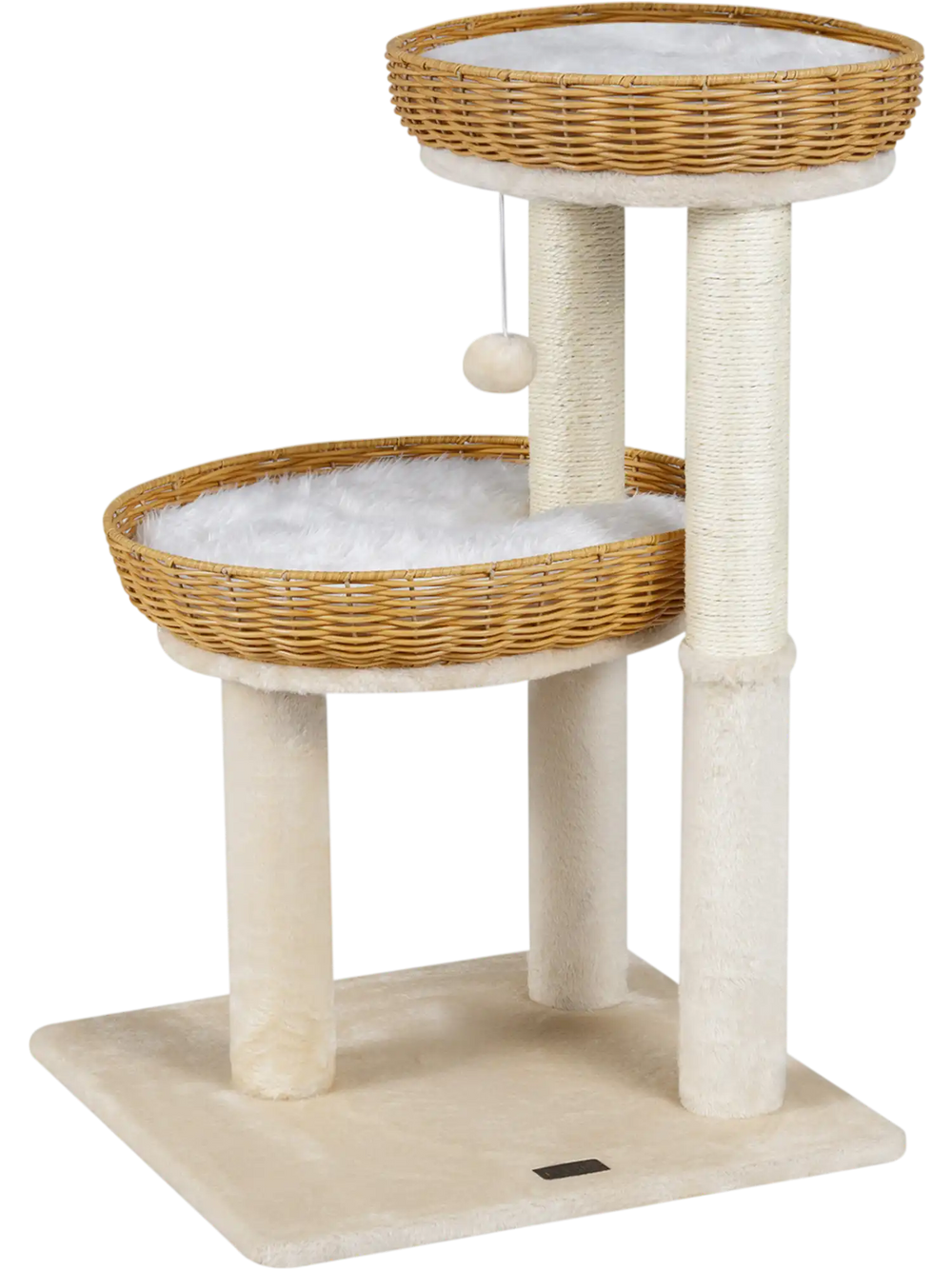 30-inch cat tower featuring two hand-woven rattan baskets and natural sisal scratching posts for indoor kittens.