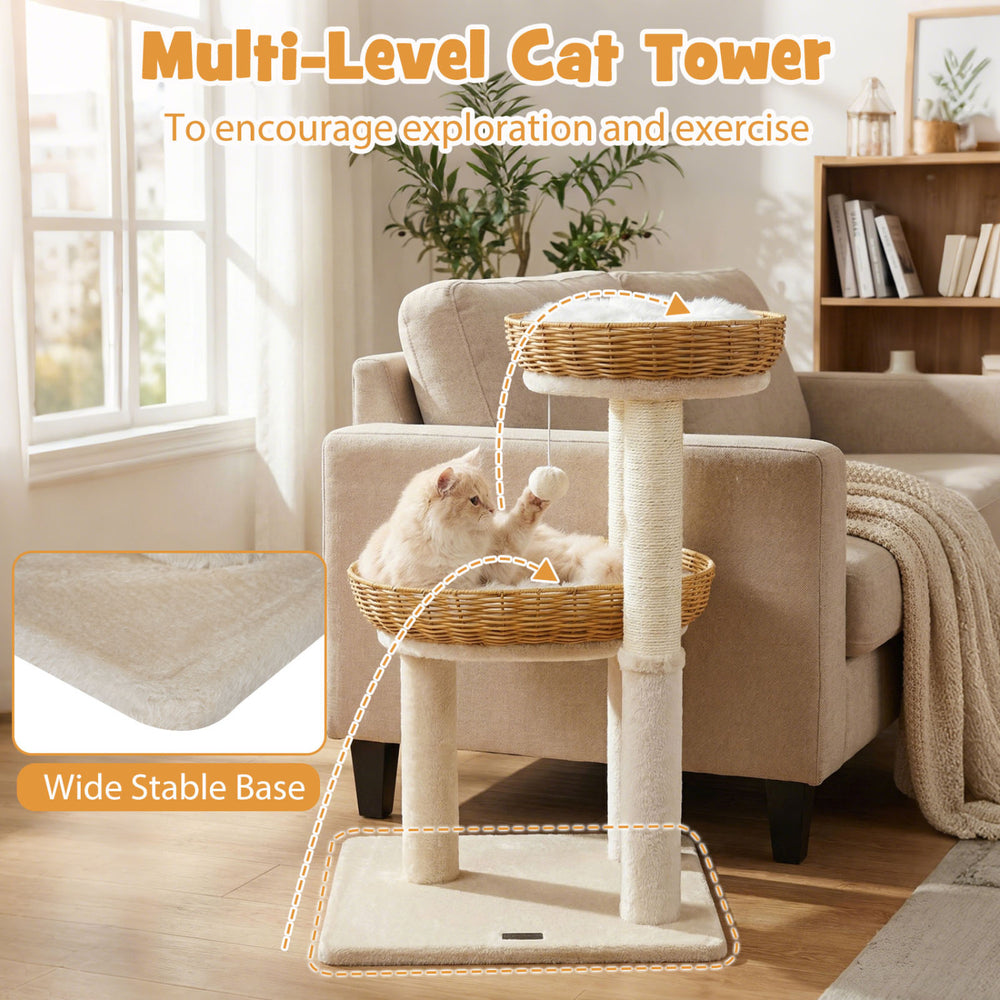 Multi-level cat tower featuring two rattan baskets, sisal scratching posts, and a wide stable base for indoor kittens.