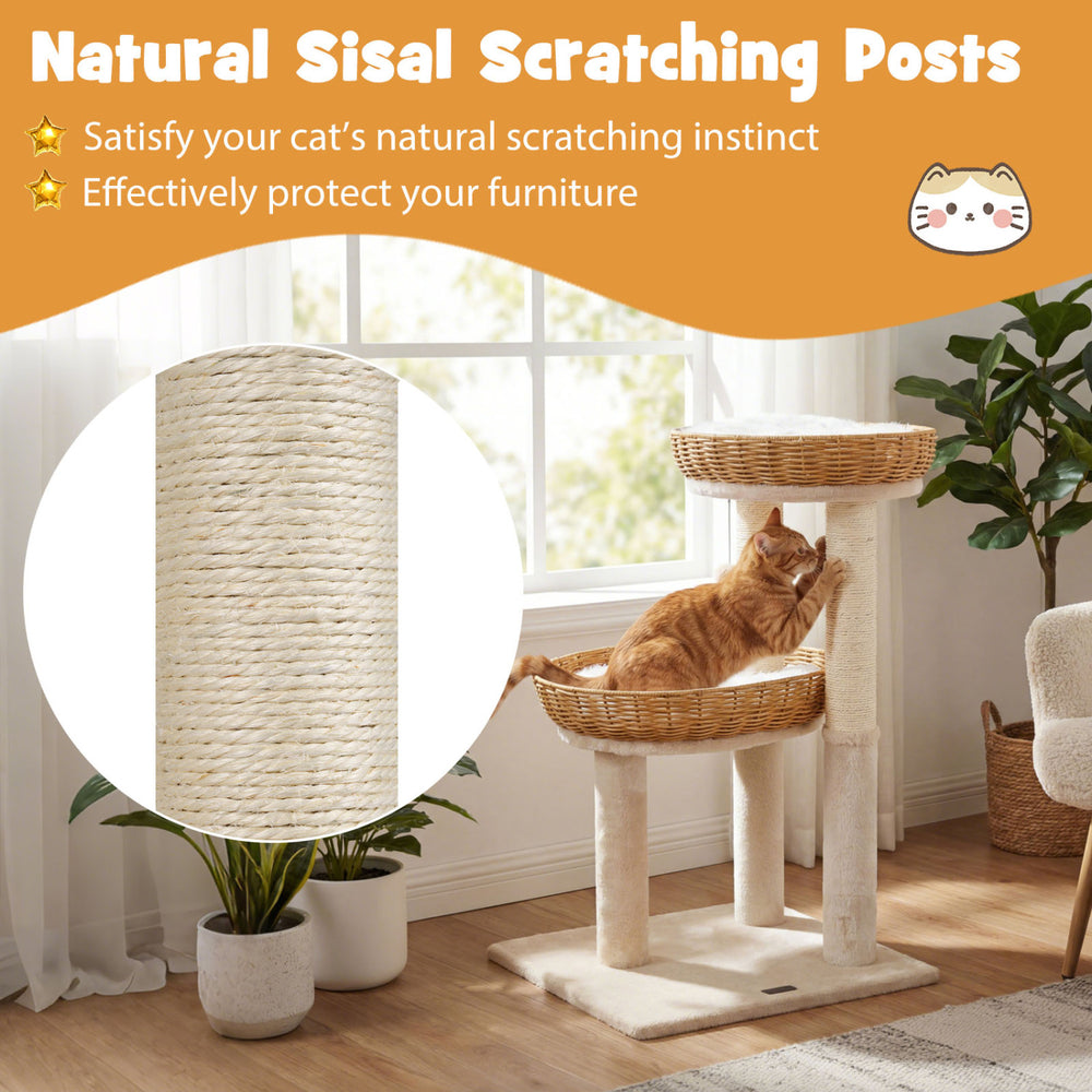 30-inch cat tower featuring 2 rattan baskets, natural sisal scratching posts, and plush cushions for indoor kittens.