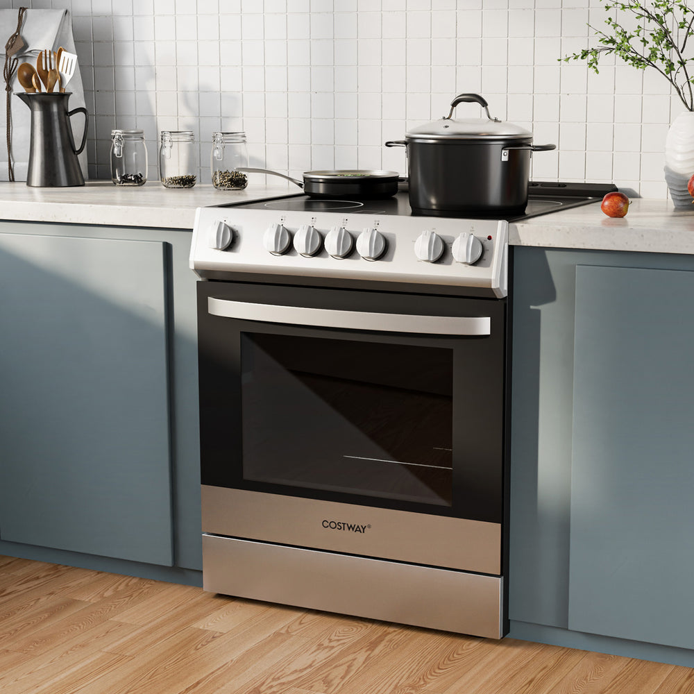 Close-up of the 30-inch kitchen stove's sleek silver finish and user-friendly control knobs for precise cooking.
