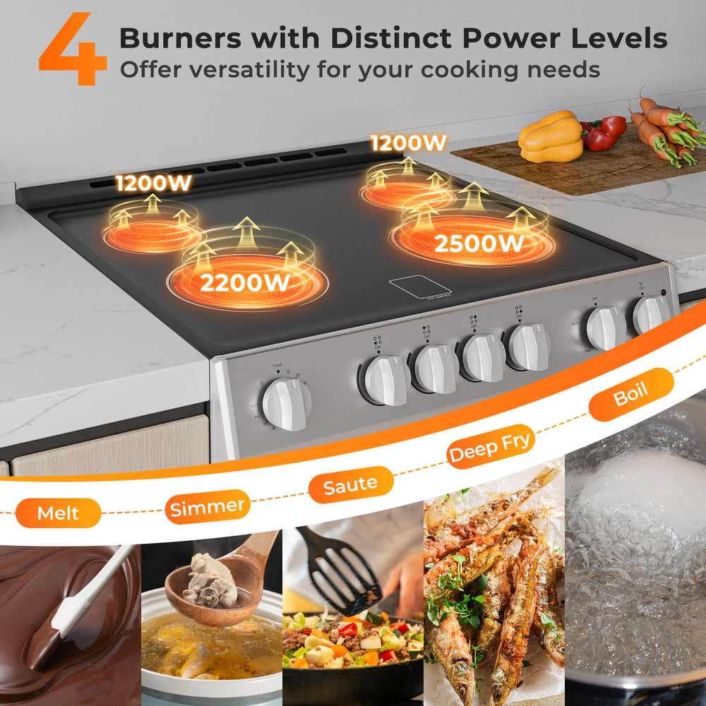 30-inch kitchen stove with 4 ceramic burners, featuring distinct power levels for versatile cooking options.