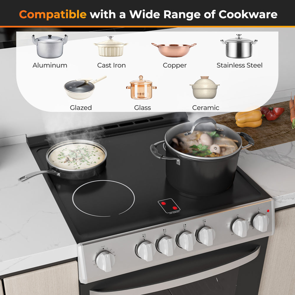 30-inch freestanding kitchen stove with 4 burners, compatible with aluminum, cast iron, and ceramic cookware.