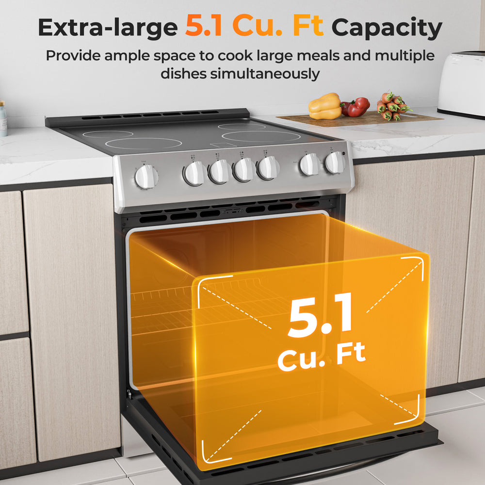 30-inch freestanding kitchen stove with 5.1 cu.ft capacity, featuring a ceramic cooktop and 4 burners for versatile.