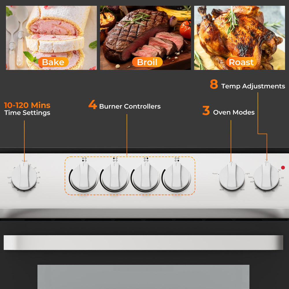 Ceramic cooktop of the 30 Inch Freestanding Kitchen Stove with 4 burner controllers and 8 temperature adjustments.