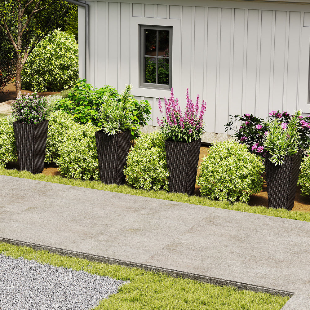 Modern 30-inch decorative planter pots set of 2 in black PE rattan, perfect for patios and poolside greenery.