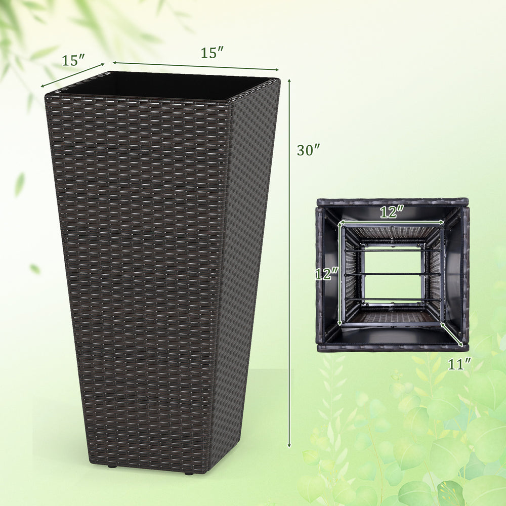 Modern 30-inch decorative planter pot made of PE rattan, featuring an open-ended base for drainage, ideal for patios.
