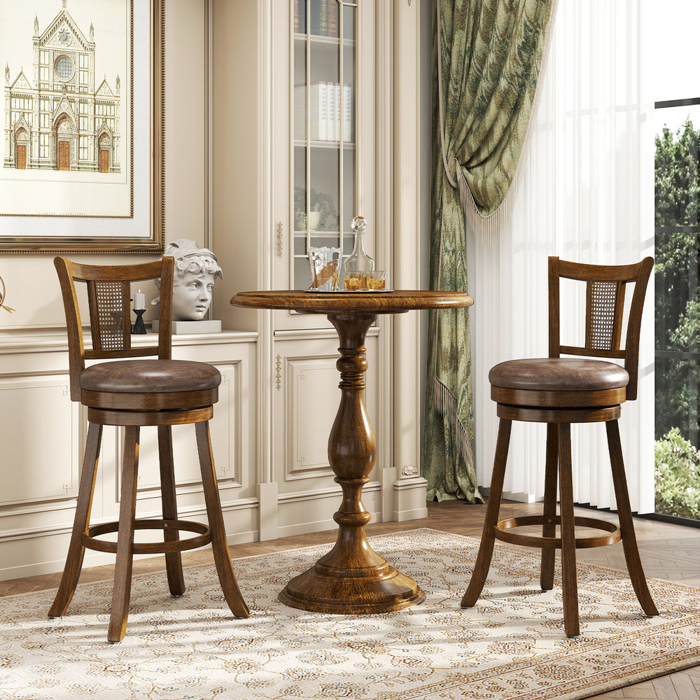30 Inch Set of 2 Bar Stools with PE Rattan Backrest and Rubber Wood Frame-Brown - Gallery View 1 of 9