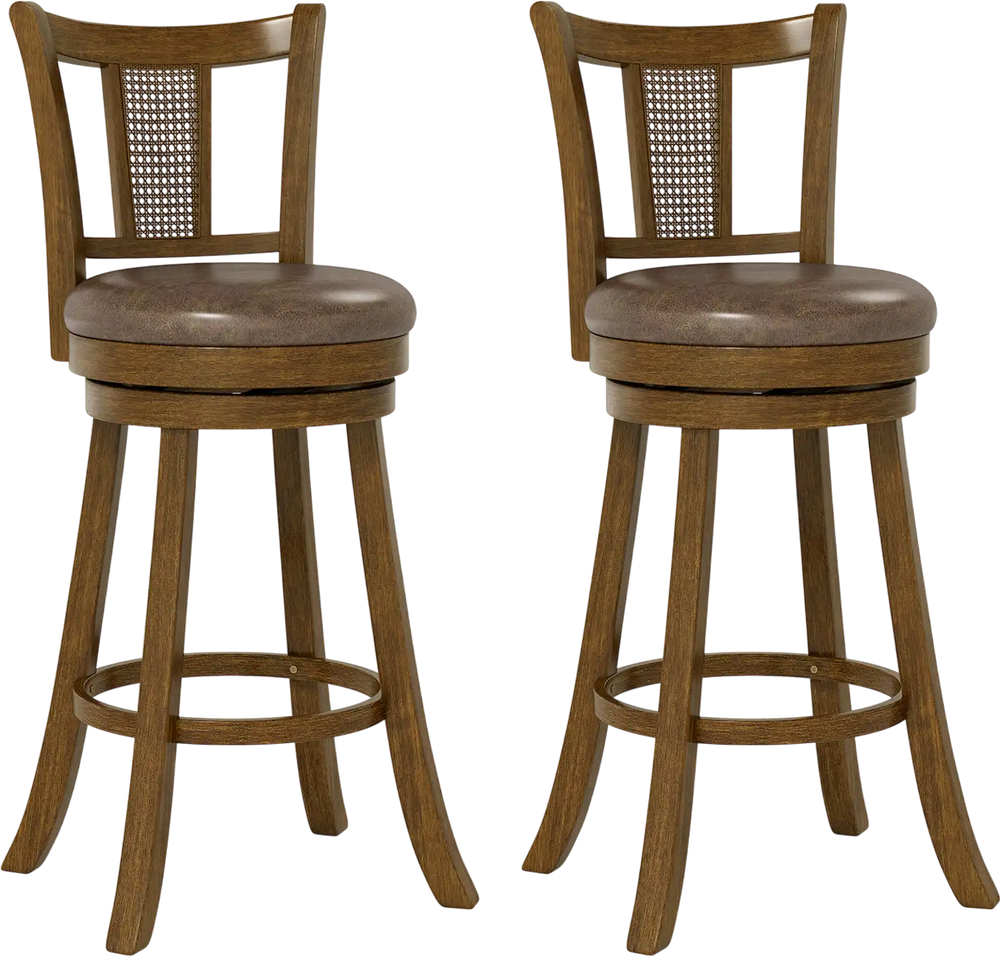 Set of 2 30-inch bar stools with PE rattan backrest and rubber wood frame, featuring a 360° swivel seat for comfort.