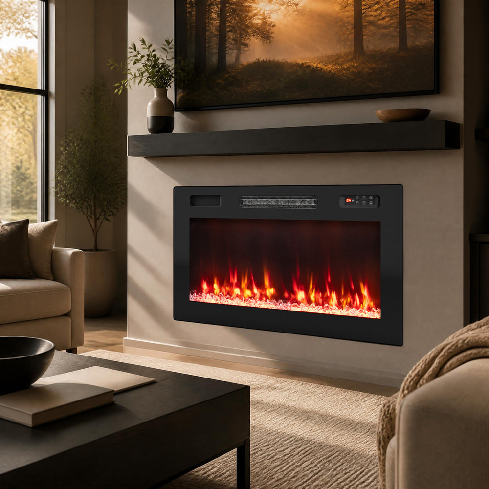 30-inch smart WiFi electric fireplace with 12 flame colors, wall-mounted design, and efficient 750W/1500W heating for cozy ambiance.