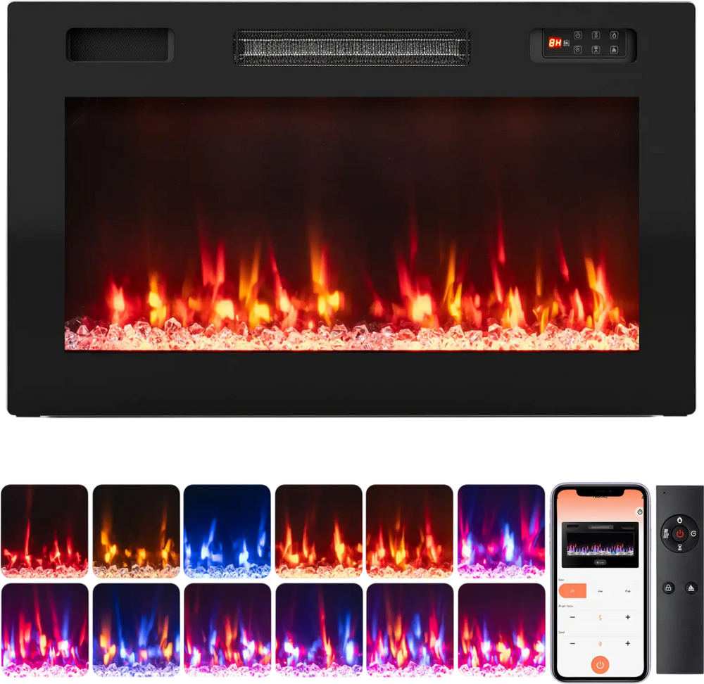 30-inch smart WiFi electric fireplace with 12 flame colors, remote control, and versatile recessed or wall-mounted design.