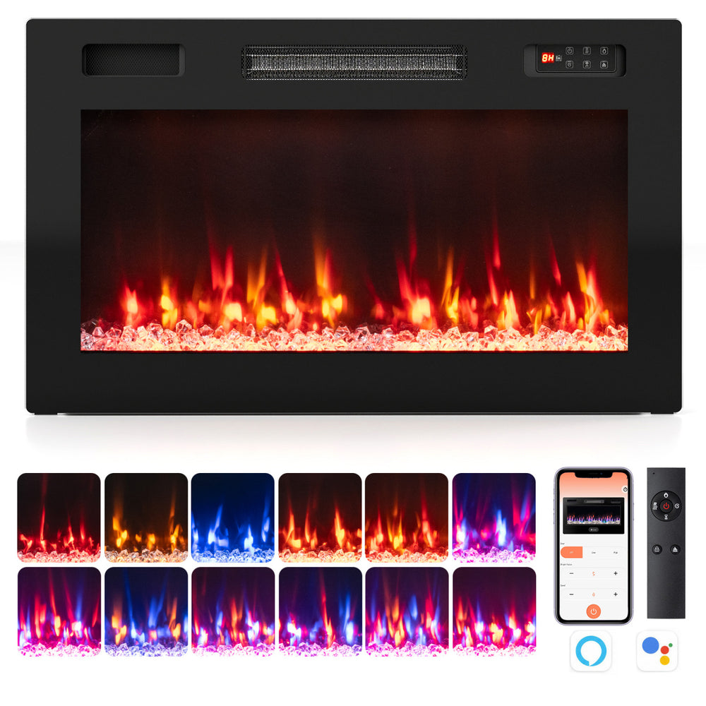 30-inch smart WiFi electric fireplace features 12 flame colors, dual heating modes, and versatile recessed or wall-mounted design.