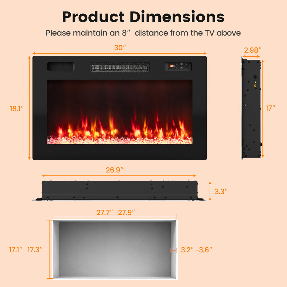 30-inch smart WiFi electric fireplace with recessed or wall-mounted design, featuring 12 flame colors and efficient heating.