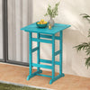 Turquoise 30-inch square bar table with slatted tabletop, ideal for poolside or balcony dining. Weatherproof HDPE.