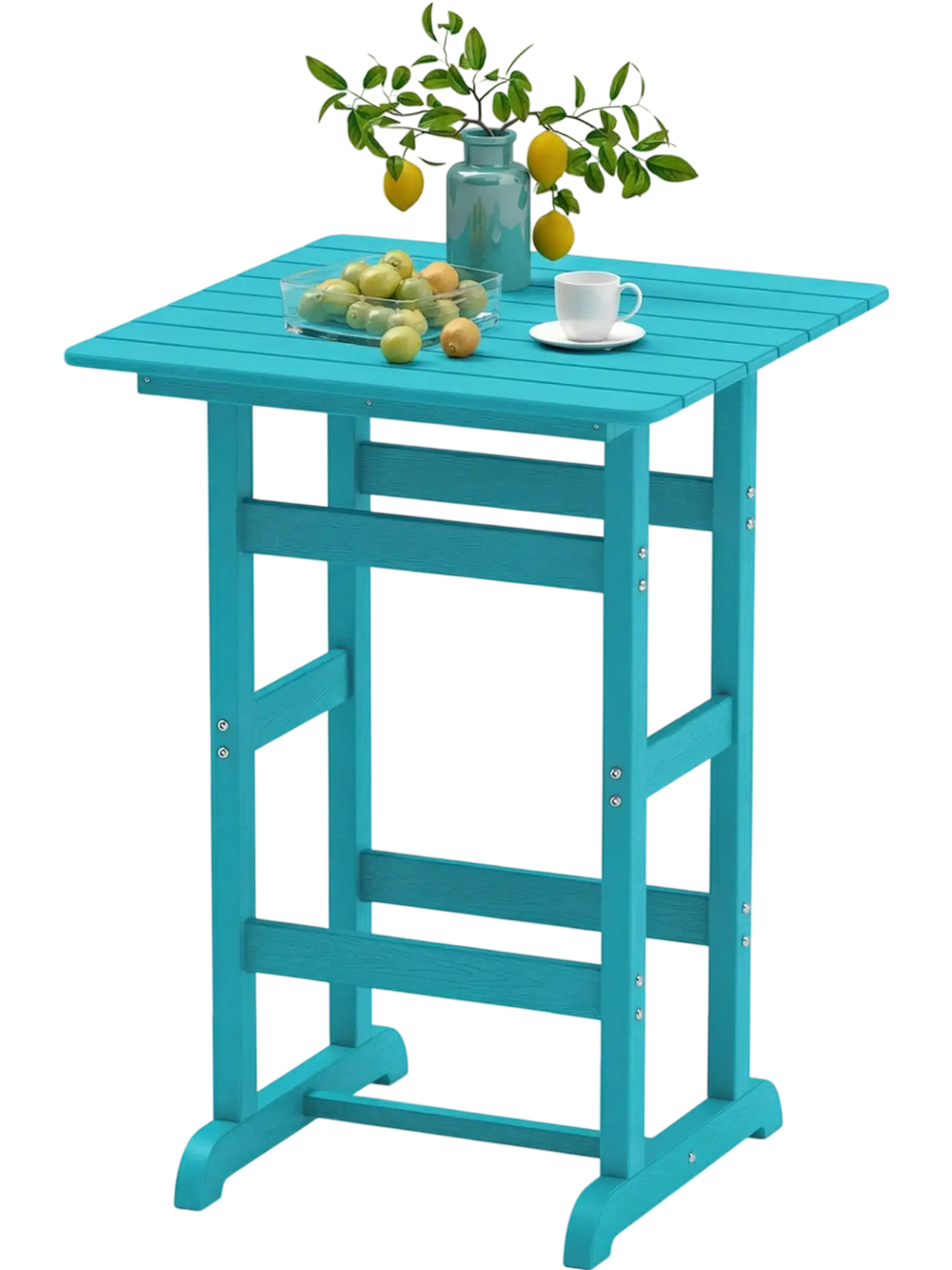 Turquoise 30-inch square bar table with slatted tabletop, ideal for poolside or balcony dining.