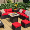 Square propane gas fire pit table with ceramic tabletop, sturdy steel frame, and decorative lava rocks for outdoor.