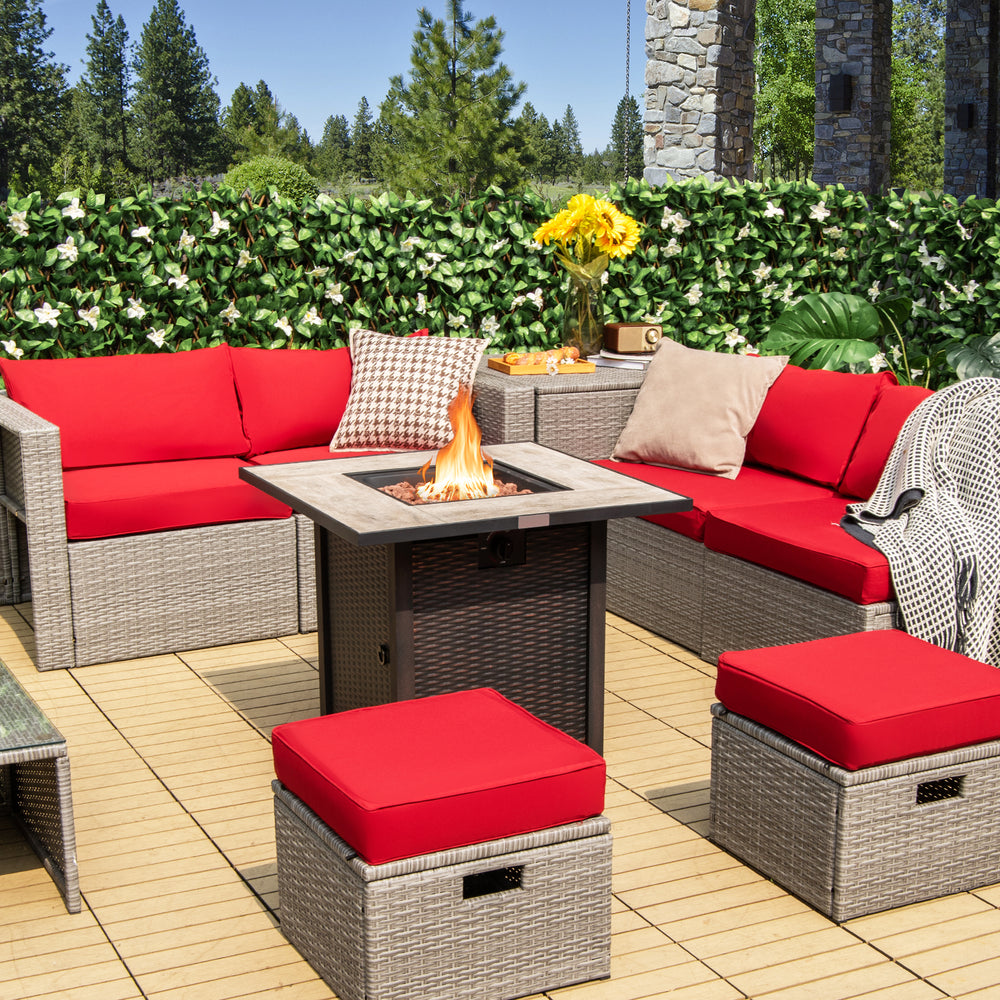 Square propane gas fire pit table with ceramic tabletop and rattan design, perfect for outdoor gatherings and warmth.