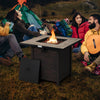 Square propane gas fire pit table with ceramic tabletop, 50,000 BTU heat output, ideal for outdoor gatherings.
