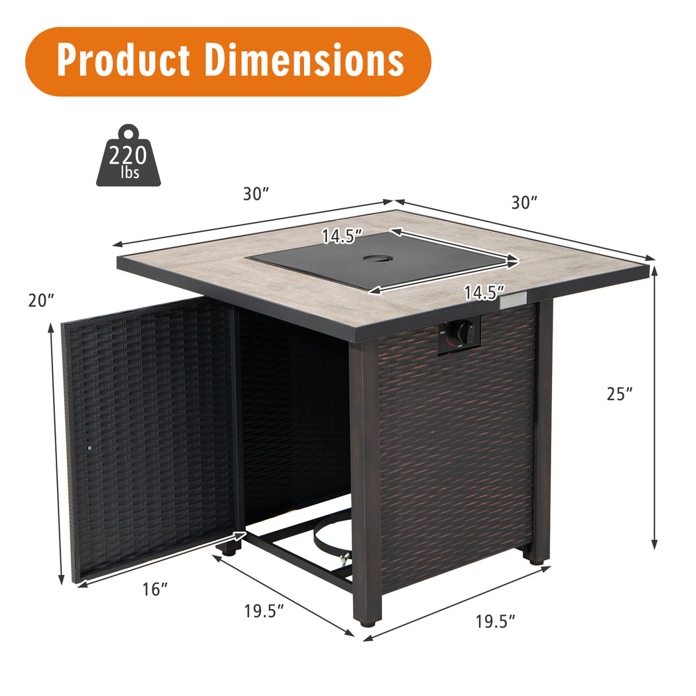 30-inch square propane gas fire pit table with ceramic tabletop, sturdy steel frame, and adjustable foot pads for.