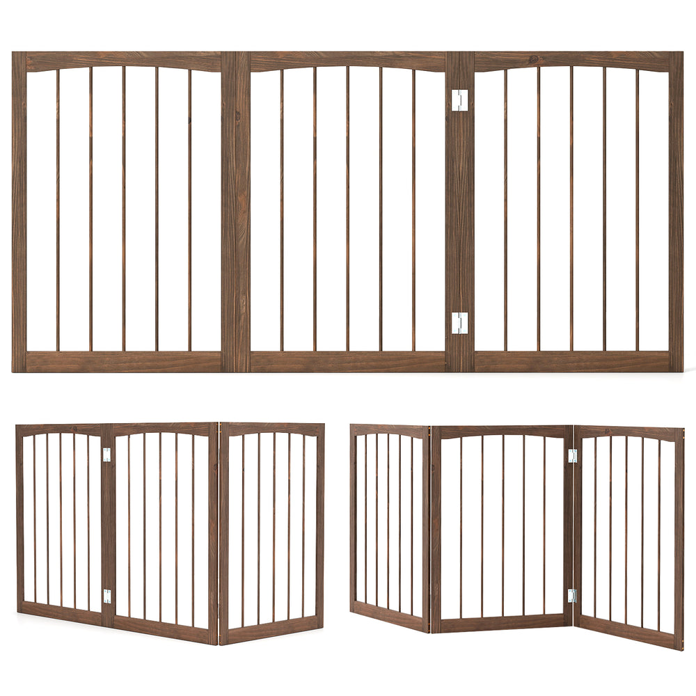 Wooden pet fence in brown, 30 inches tall, flexible panels for cats and small dogs, ideal for temporary room division.