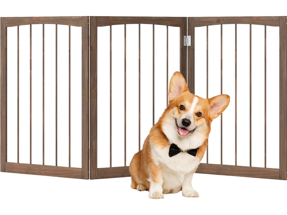 Wooden pet fence in brown, 30 inches tall, designed for small and medium dogs, ideal for creating safe spaces.