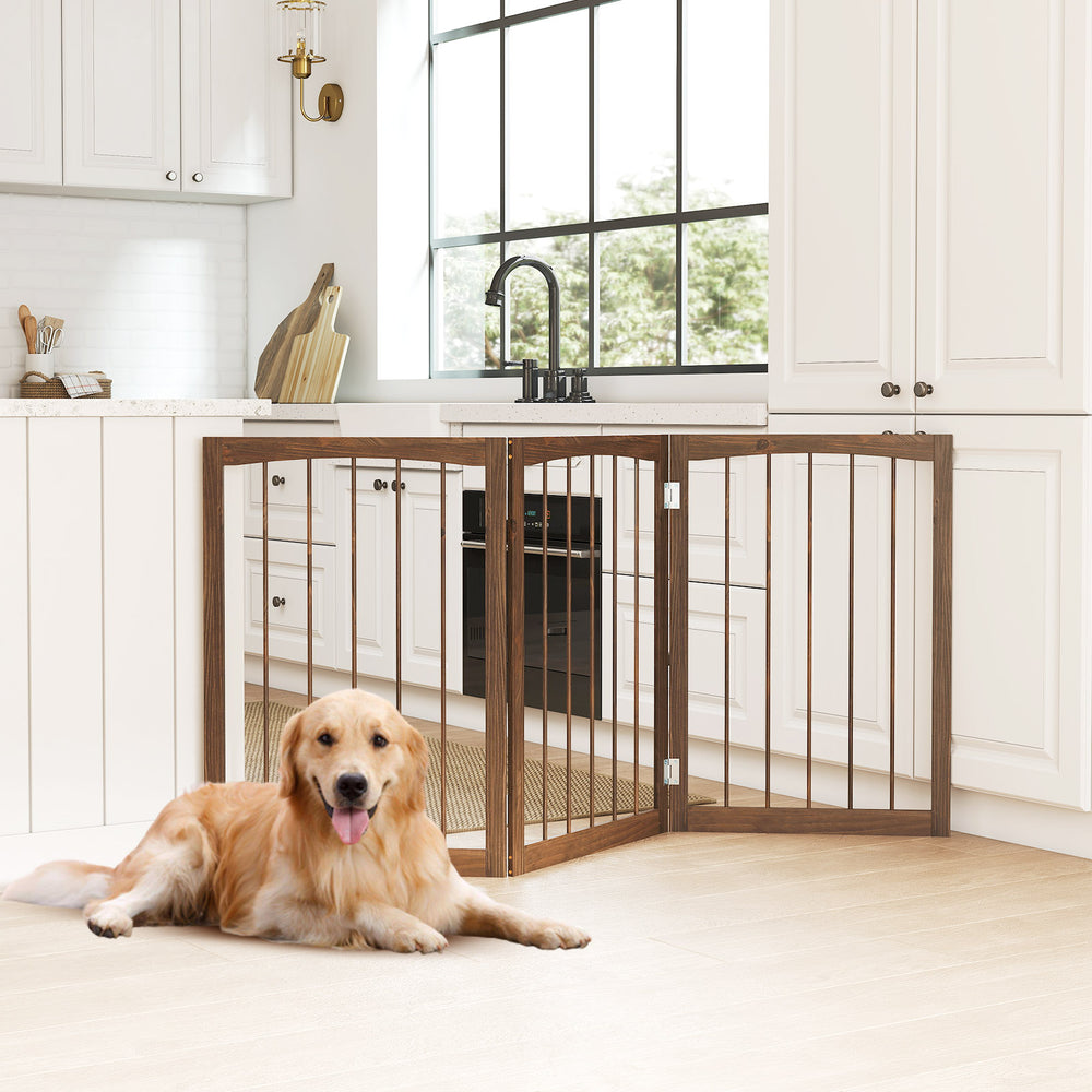 Brown wooden pet fence, 30 inches tall, featuring flexible, rotatable panels for customizable pet safety and space.