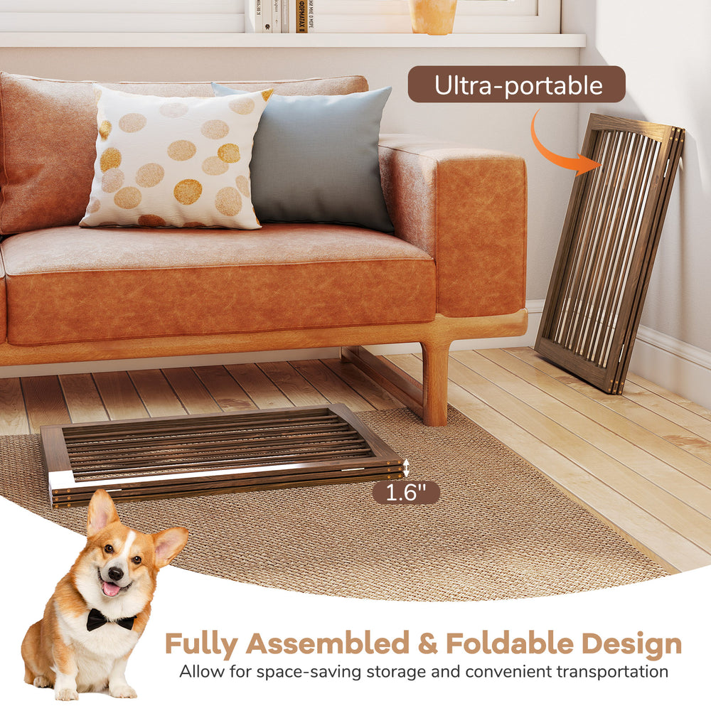 Wooden pet fence, 30-inch tall, foldable design in brown, ideal for small dogs and cats, perfect for space-saving.