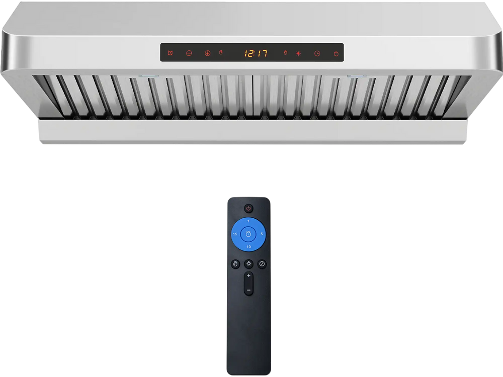 30-inch stainless steel under cabinet range hood with remote control, 900 CFM airflow, and adjustable LED lights.