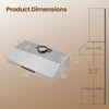 Dimensions of the 30 Inch Under Cabinet Range Hood with Oil Collector, featuring stainless steel design and 900 CFM.