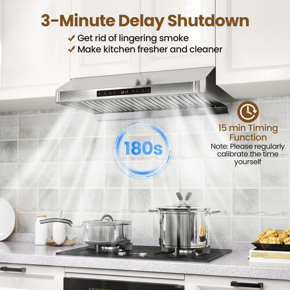 30-inch under cabinet range hood in stainless steel with 900 CFM airflow, featuring adjustable LED lights and oil.