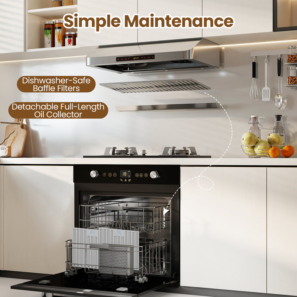 30-inch under cabinet range hood with stainless steel finish, featuring a detachable oil collector and dishwasher-safe.