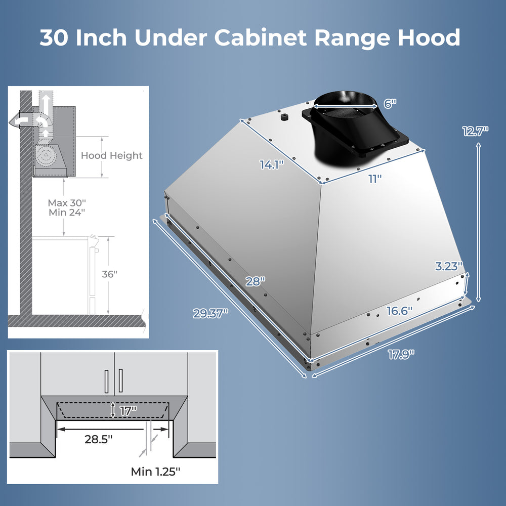 30-inch under cabinet range hood in silver with 4 fan speeds, baffle filters, and dimensions for effective kitchen.