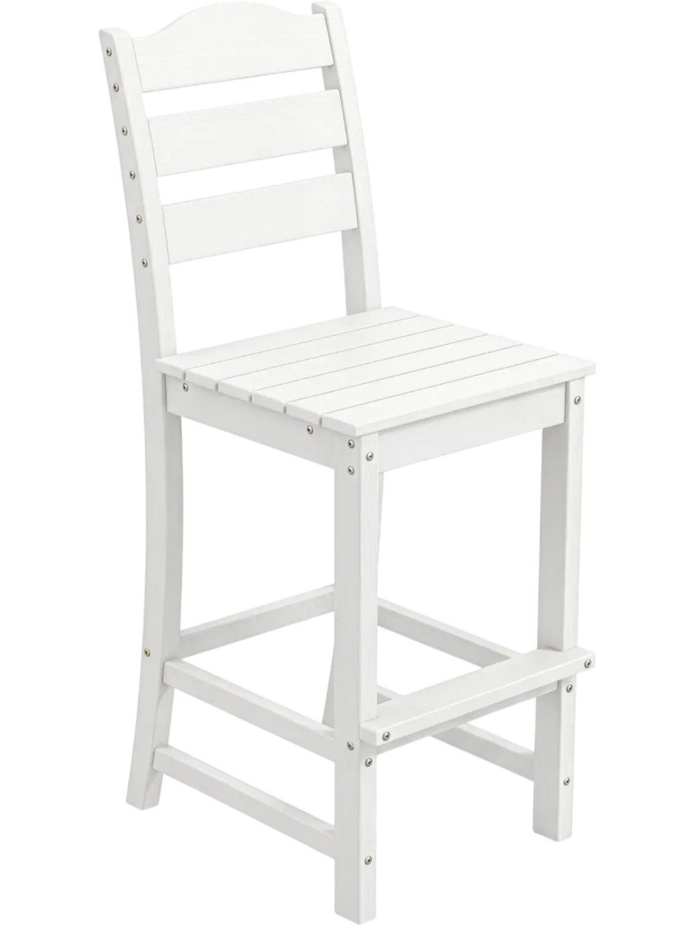White 30-inch HDPE outdoor counter height bar stool with back and footrest, designed for comfort and durability.