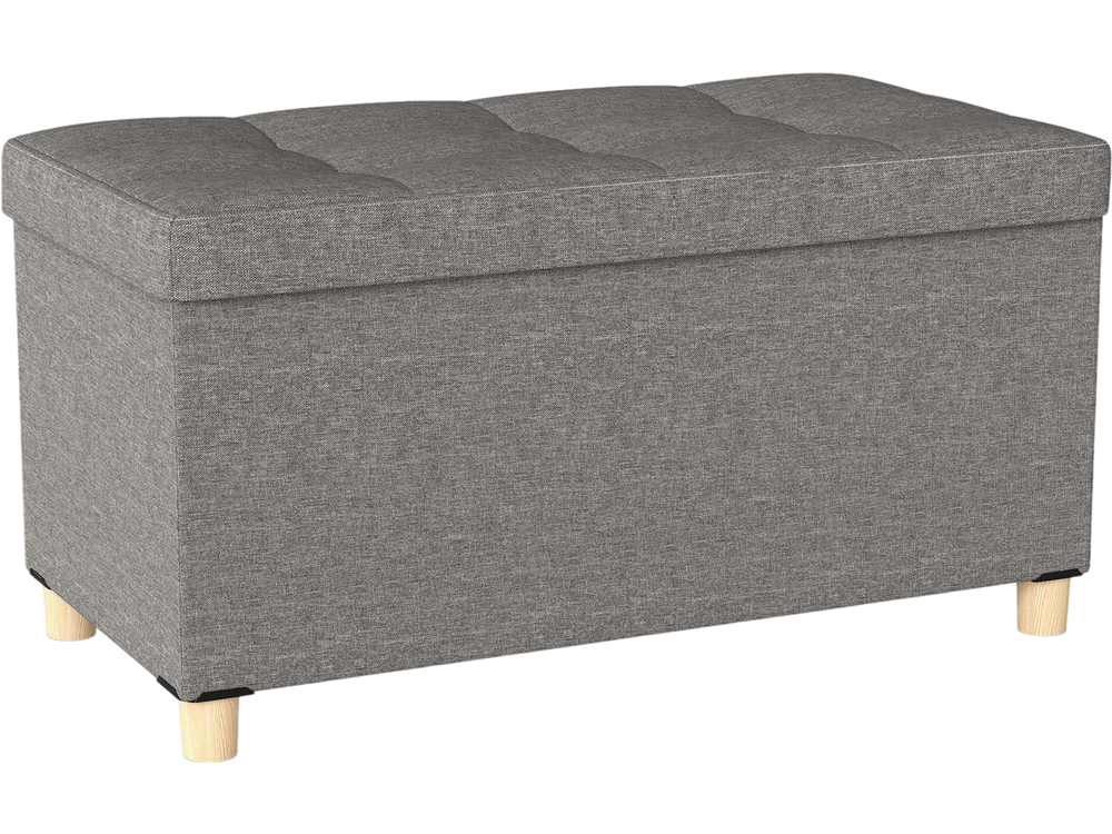 Gray 30-inch storage ottoman bench with rubber wood legs, featuring a flip-over lid for drinks and 20.5-gallon capacity.