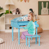 Blue 30-key wooden toy grand piano with bench, designed for kids aged 3-8, promoting creativity and hand-eye.