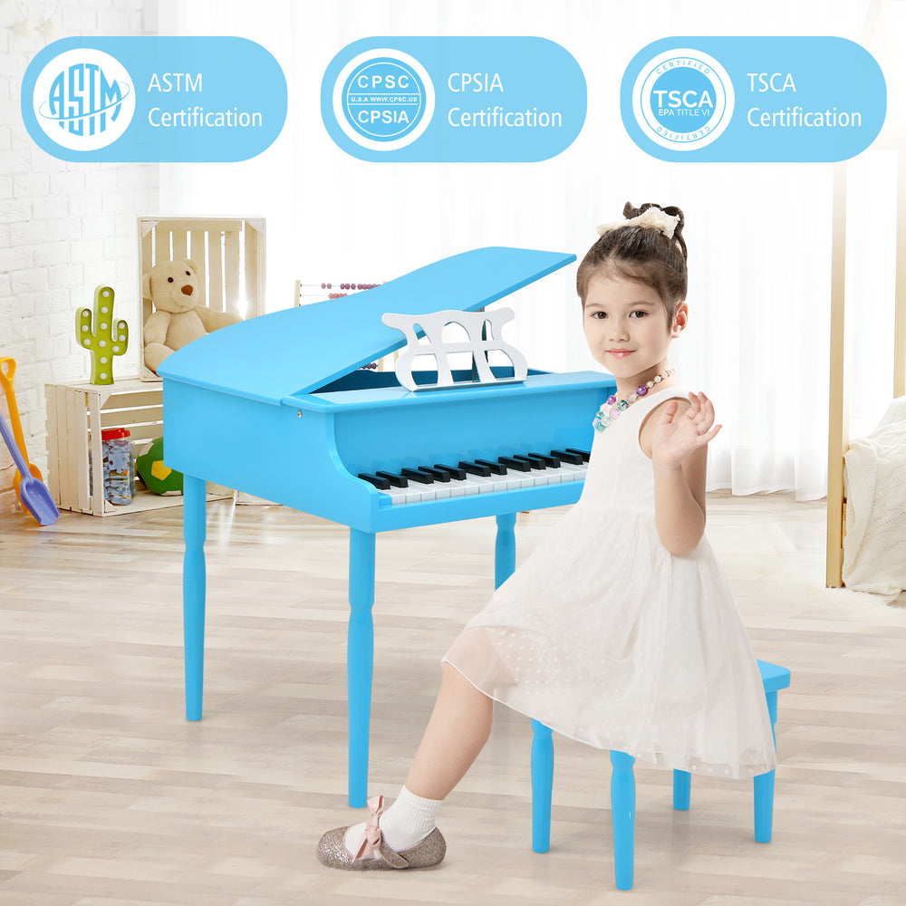 Blue 30-key wooden kids grand piano with bench, designed for safety and stability, perfect for children aged 3-8.