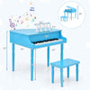Blue 30-key wood toy grand piano with bench, featuring a music rack, designed for children aged 3-8 years.