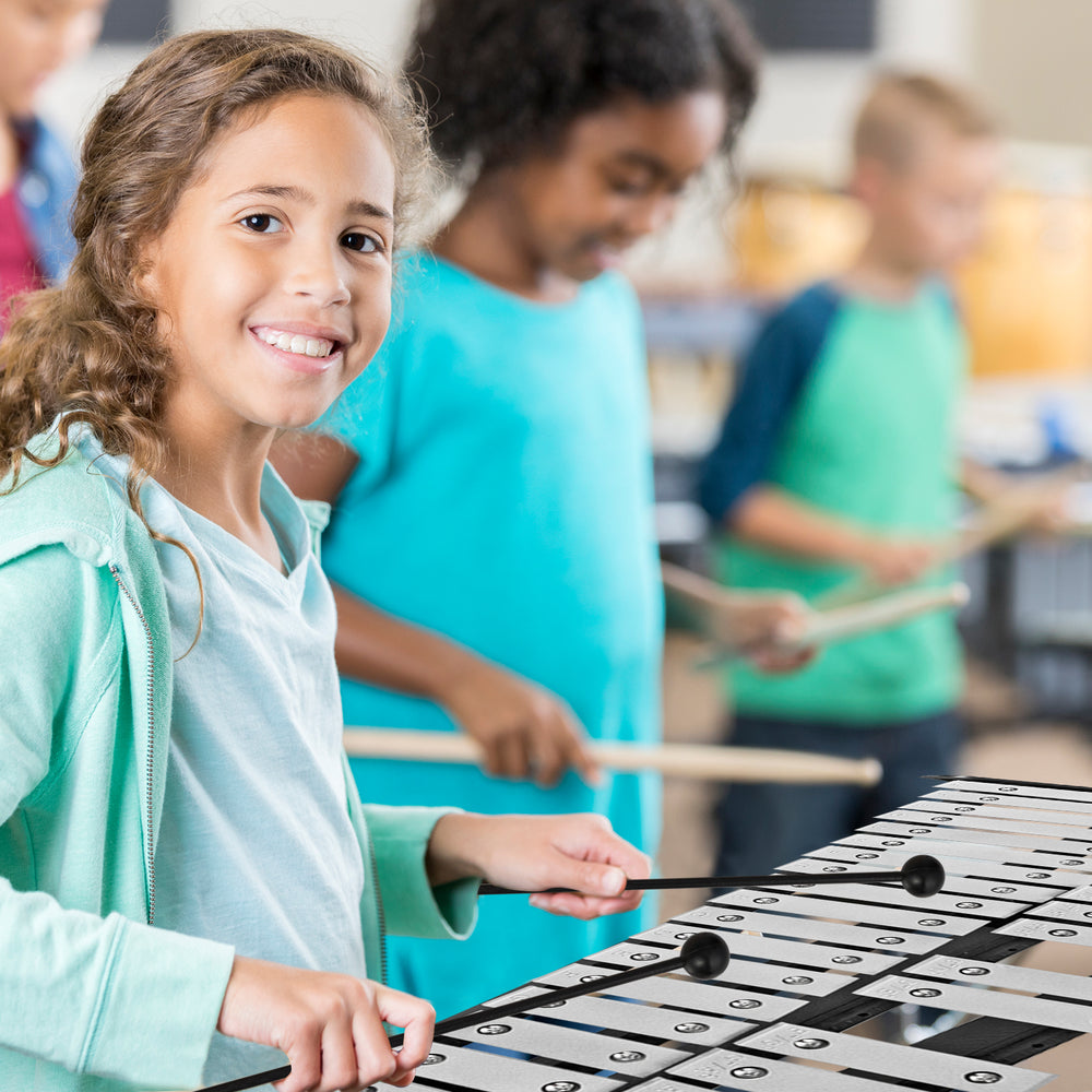 Percussion glockenspiel with 30 notes, adjustable stand, and mallets, ideal for beginners and music practice.