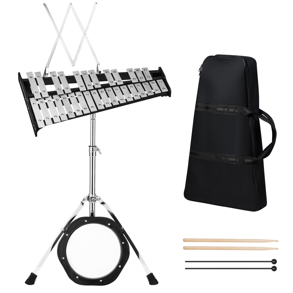 30-note percussion glockenspiel with adjustable stand, mallets, and carrying bag, ideal for beginners and practice.