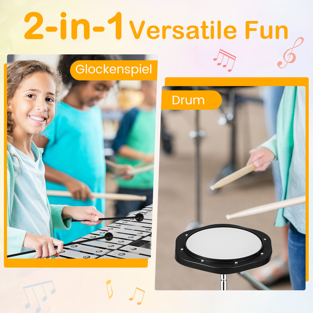 Percussion glockenspiel with adjustable metal stand, bell mallets, and drumsticks for versatile music practice.