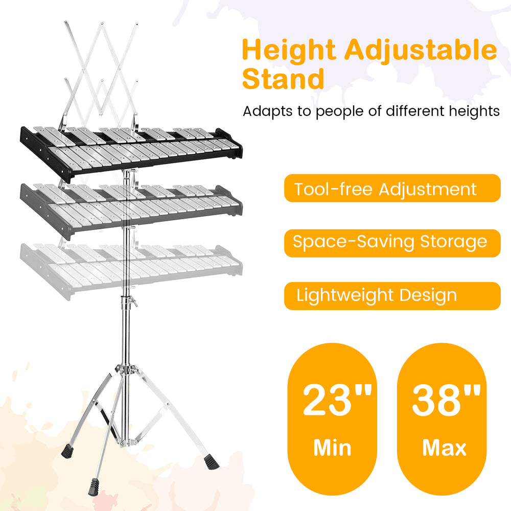 Height adjustable stand for 30 notes percussion, made of metal with a triangular structure, suitable for all heights.