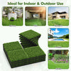 Interlocking artificial grass tiles in a stack, featuring lush green color, ideal for patios, balconies, and gardens.