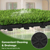 Interlocking artificial grass tiles with drainage holes, featuring lush synthetic grass for easy cleaning and outdoor.