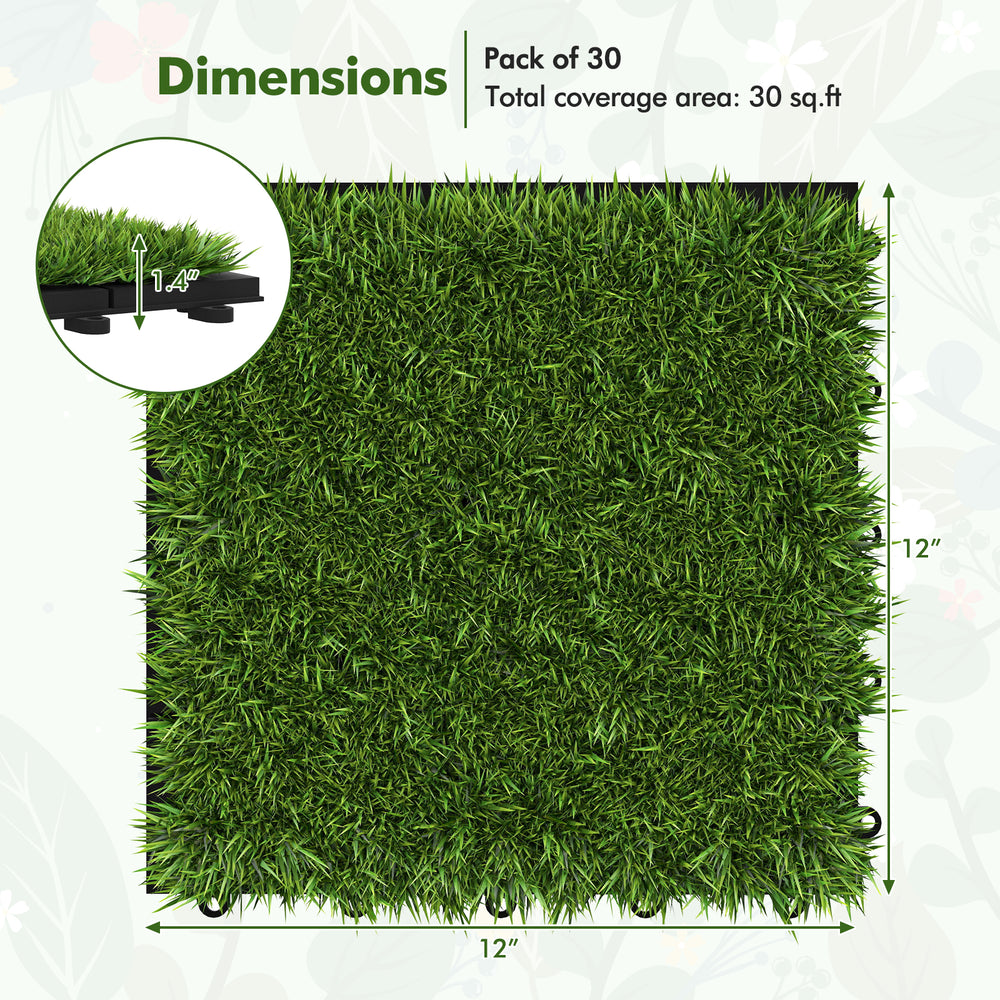 Interlocking artificial grass tile showing lush green texture, ideal for indoor and outdoor use, covering 30 sq. ft.
