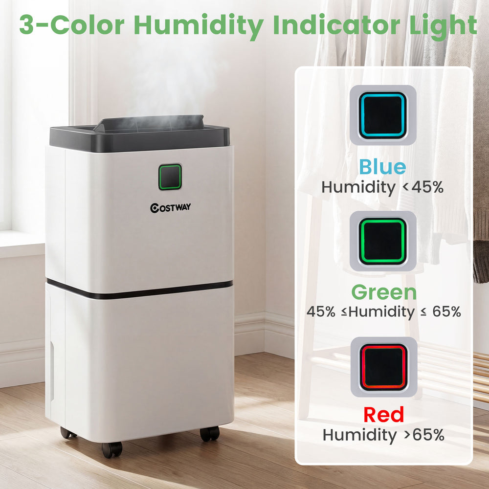 30 pints dehumidifier with digital display and humidity indicator light, suitable for rooms up to 1,500 sq.ft.
