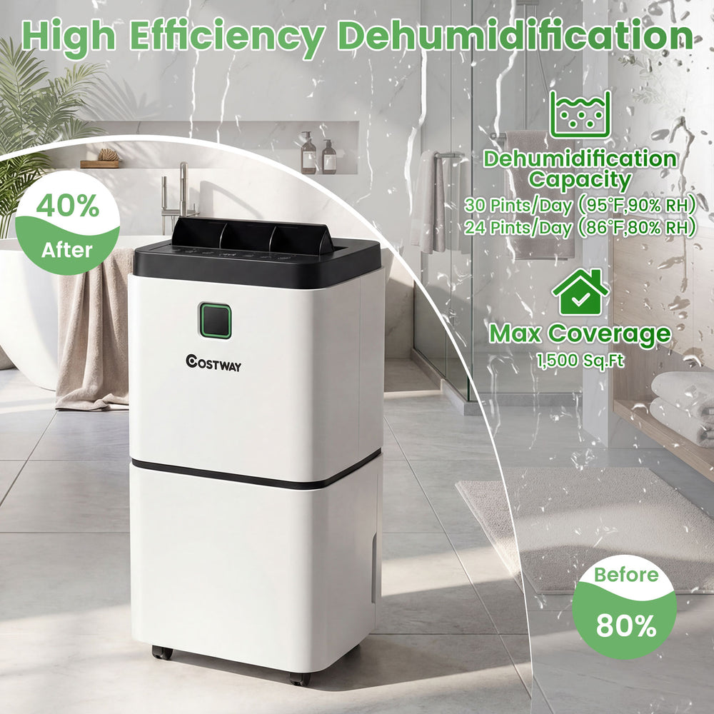 30 pints dehumidifier with digital display, suitable for rooms up to 1,500 sq.ft, featuring a full water tank alarm.