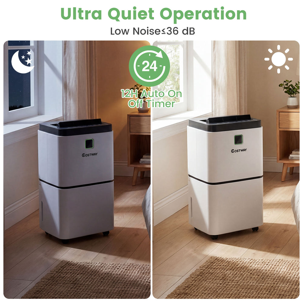30 pints dehumidifier with digital display, 36dB quiet operation, suitable for rooms up to 1,500 sq.ft.