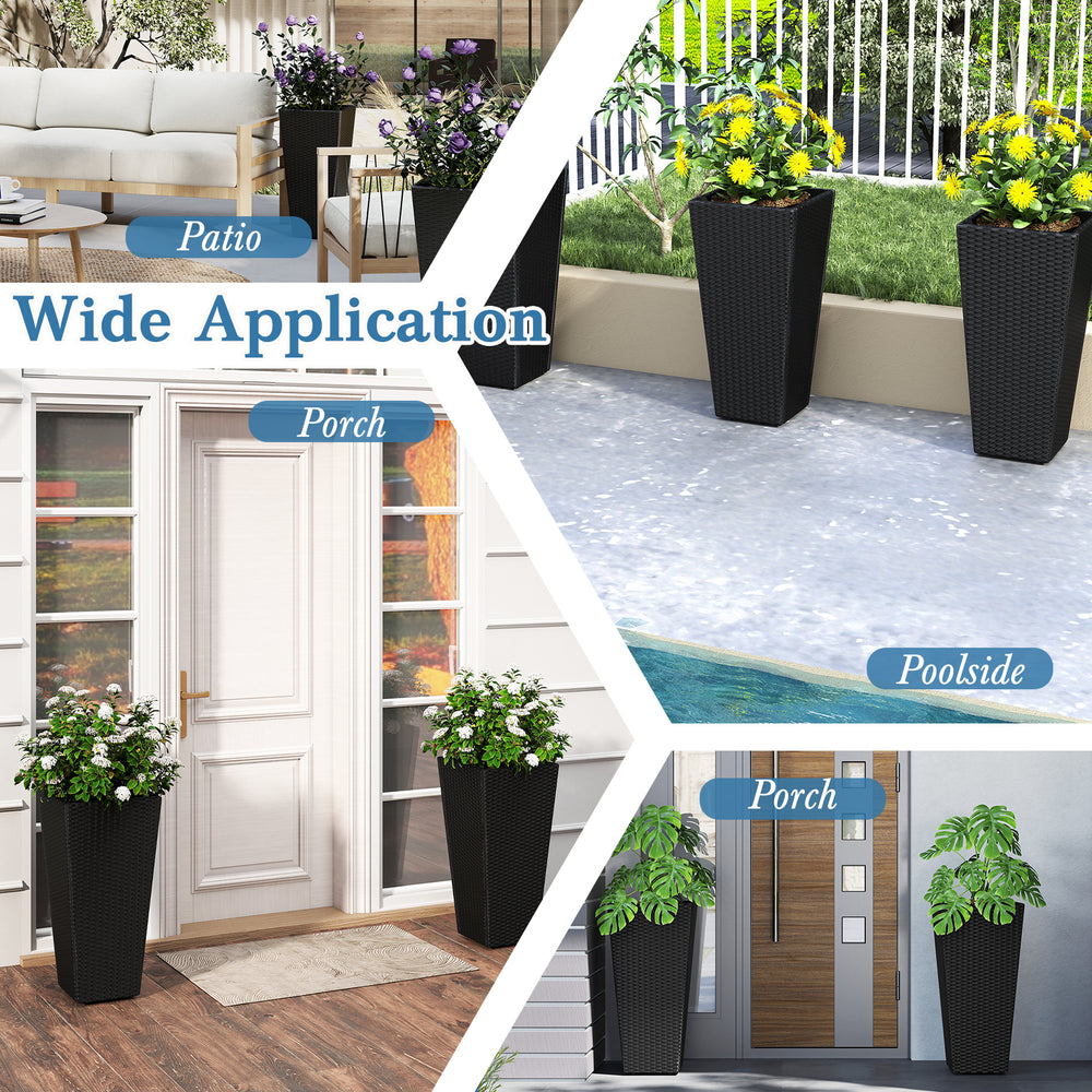 Set of 2 30-inch tall flower pots made from PE rattan, ideal for patios and poolside with excellent drainage.