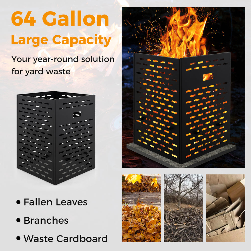 30-inch burn barrel made of ultra-thick carbon steel, featuring venting patterns for efficient yard waste disposal.