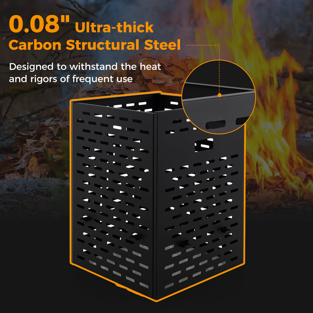 30-inch burn barrel made of 0.08" ultra-thick carbon steel with venting patterns for efficient yard waste disposal.