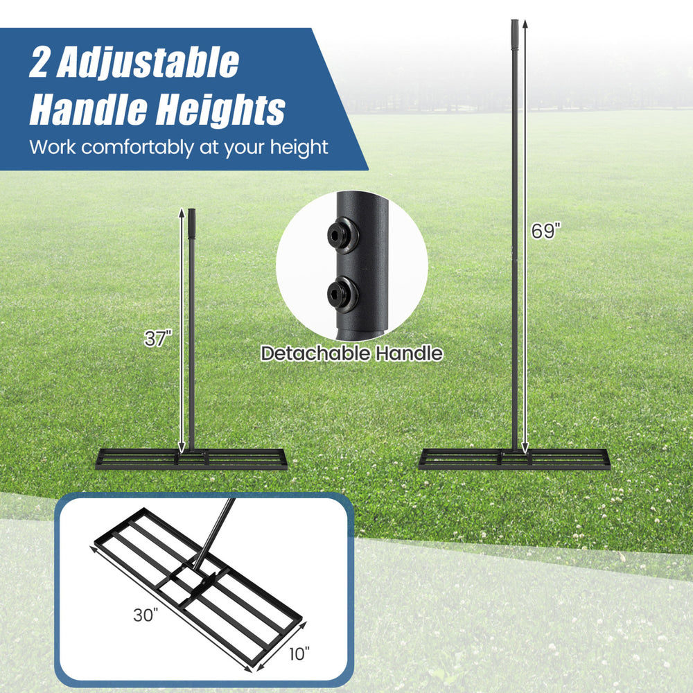 Heavy duty lawn level tool with 30 x 10 inch rake plate and adjustable 69 inch handle for efficient leveling in gardens.